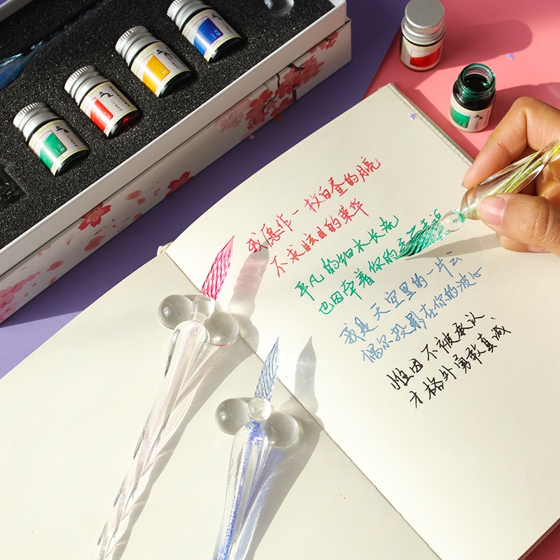 Bộ Bút Máy Chấm Mực Bằng Thủy Tinh Pha Lê Thời Trang Dùng Làm Quà Tặng Cho Học Sinh