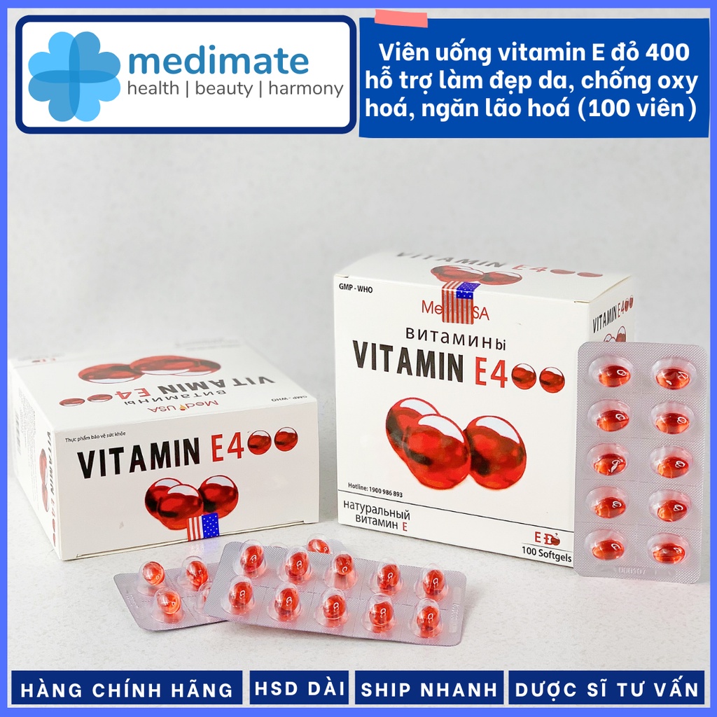 Viên uống Vitamin E Đỏ 400 MediUSA giúp đẹp da, giảm lão hóa, chống oxy hóa (hộp 100 viên)