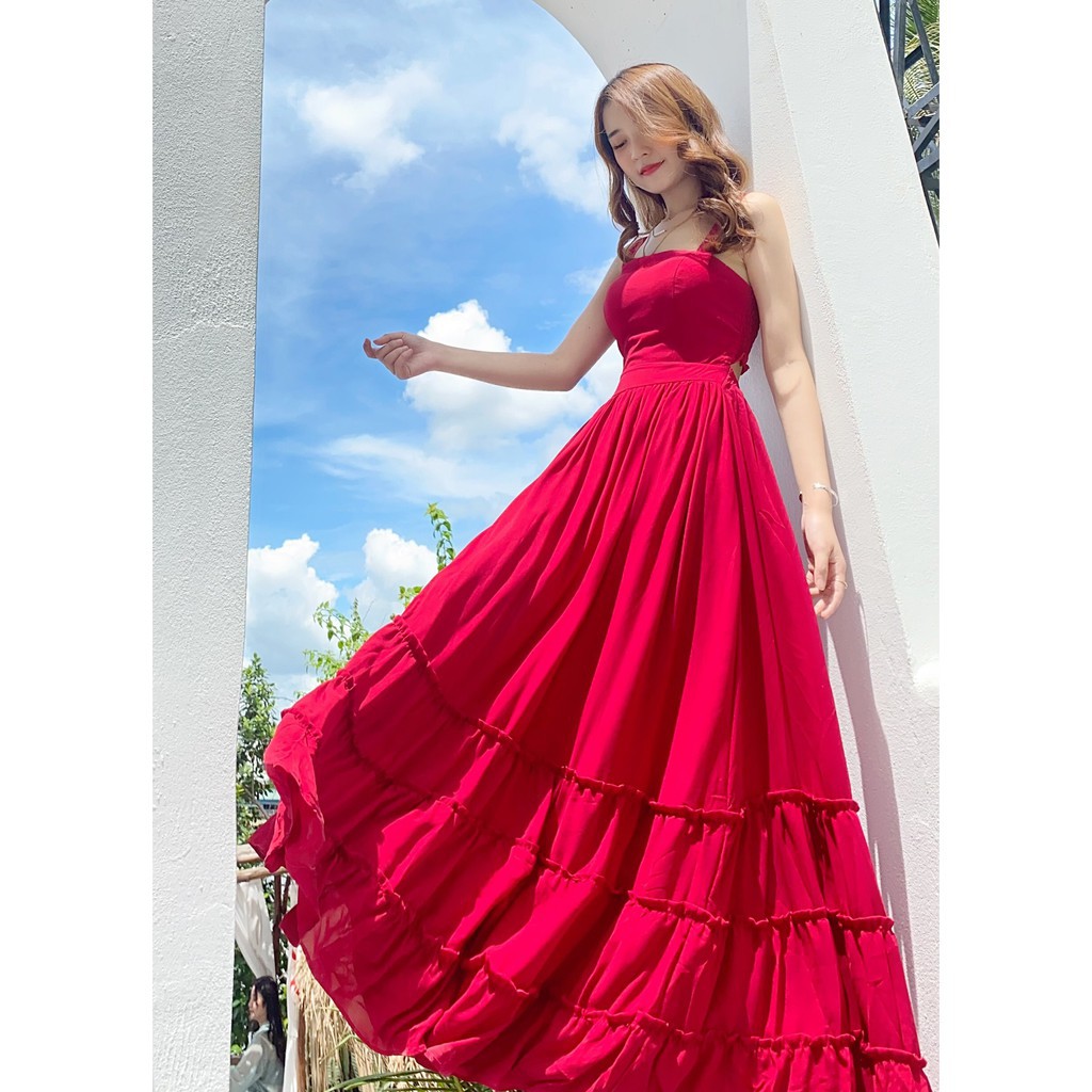 Váy maxi⚡𝗙𝗥𝗘𝗘 𝗦𝗛𝗜𝗣⚡ Đầm maxi 2 dây, dáng xoè phối đuôi cá tầng cách điệu, bo chun eo co dãn tốt, hàng QC cao cấp | BigBuy360 - bigbuy360.vn