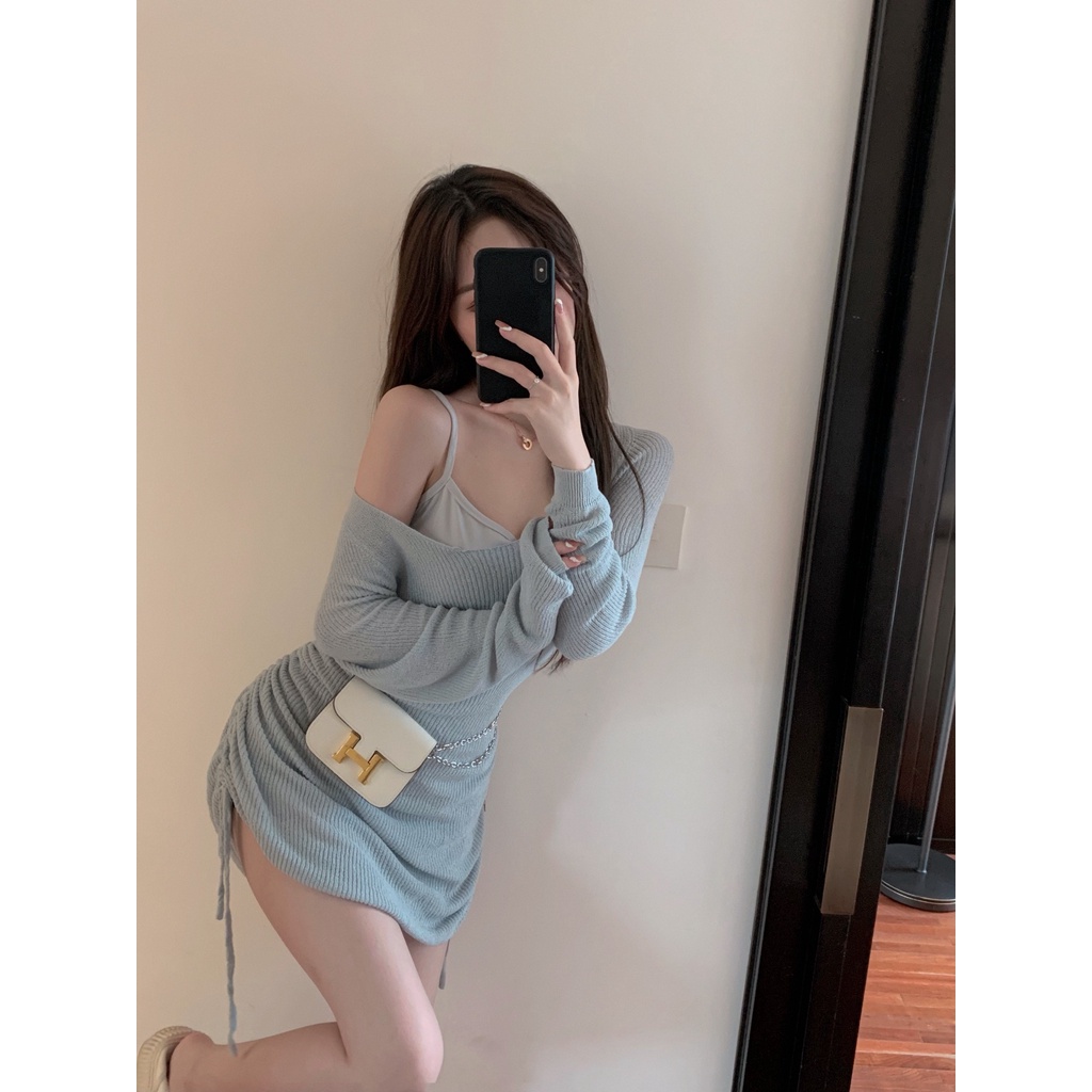 Đầm dệt kim trễ vai dáng ôm phối dây rút cá tính cho nữ