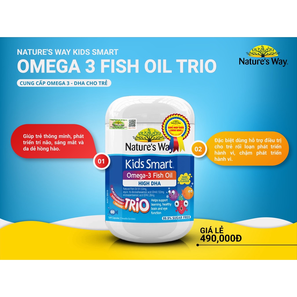 Viên Uống Dầu Cá Nature's Way Omega-3 Fish Oil Trio Giúp Bổ Sung DHA Phát Triển Trí Tuệ Cho Bé 60 Viên