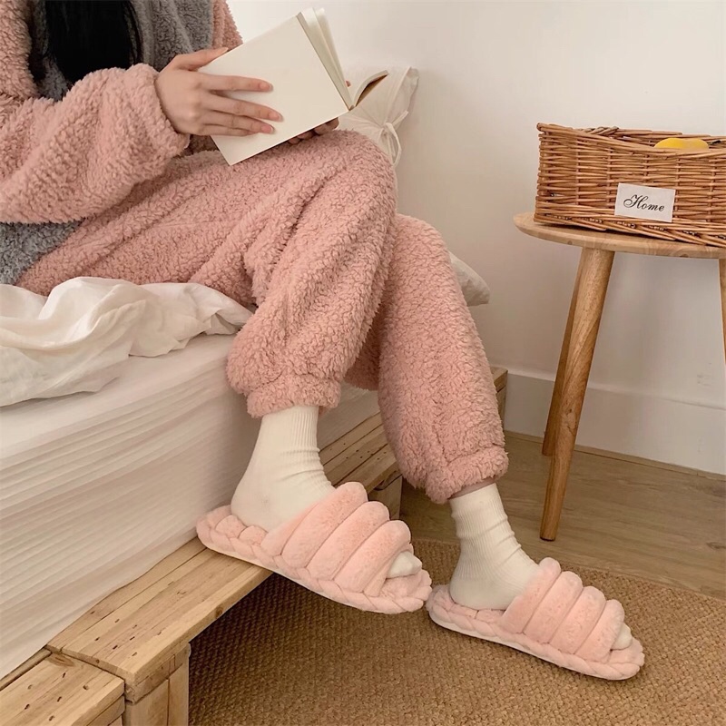 Dép bông quai ngang hở mũi đường viền màu đơn sắc đơn giản kèm ảnh thật