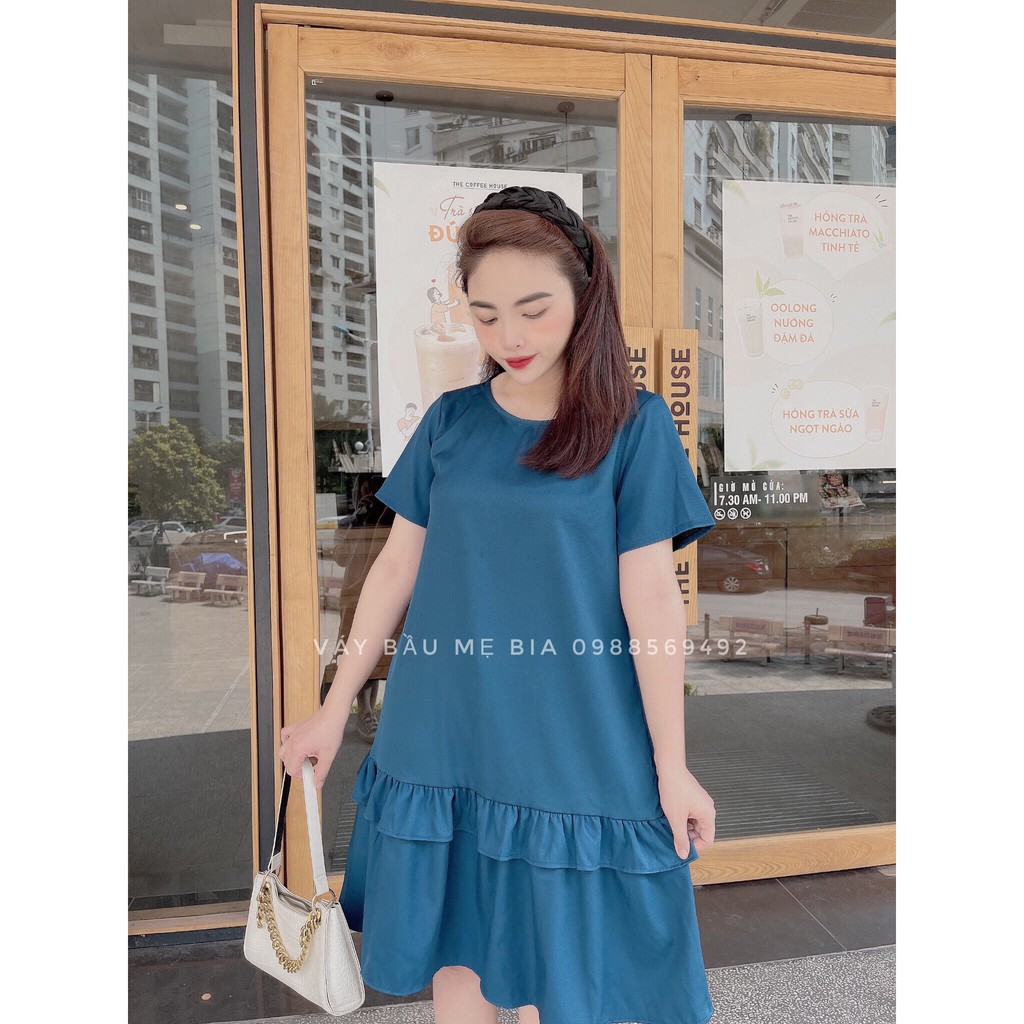 Váy bầu bigsize - Đầm bầu thiết kế GuMe 2 màu xan, đen dáng suông bèo tầng chất vải chéo hàn size từ 40-100kg MB234