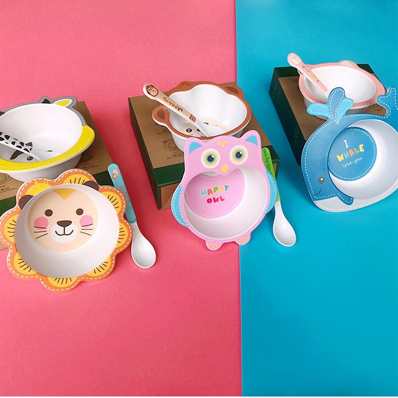 Hàng Mới Về Mới Set Bát Ăn + Muỗng + Bát Ăn Bằng Sợi Tre Có Giác Hút Chống Bỏng Cho Bé