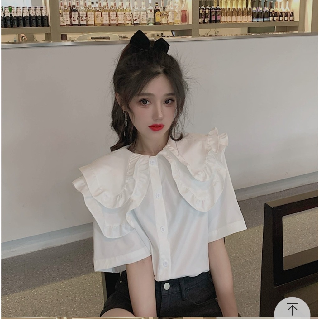 Áo sơ mi nữ cộc tay ngắn form rộng vừa họa tiết cổ tròn bèo kiểu dáng hàn quốc Áo sơ mi trắng tay lỡ đi học không túi