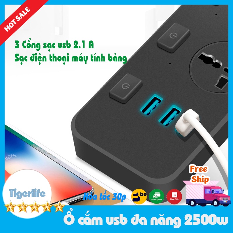 Ổ cắm điện, ổ cắm điện đa năng 3 cổng USB sạc nhanh 5V-2.1A công suất 2500W vật liệu chống cháy dây nối dài 1,8M