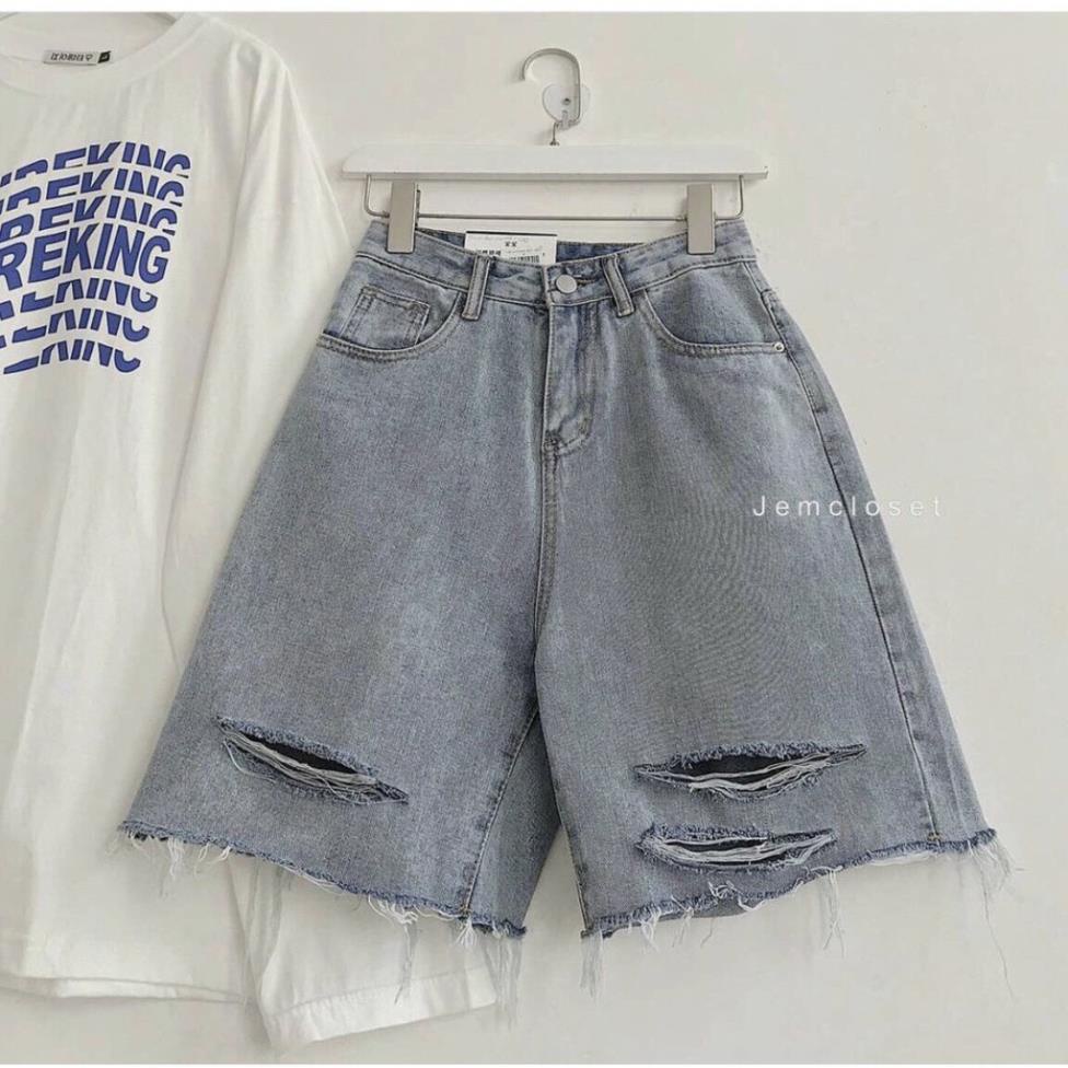 Quần short jean bò nữ RÁCH GẤU dáng ngố lửng ống rộng chất bò trơn mền dày sịn, quần đùi nữ basic dễ phối đồ ⚡