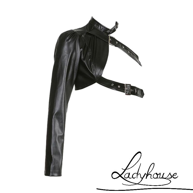 Áo Croptop Tay Dài Phối Dây Da Phong Cách Punk Cá Tính Cho Nữ