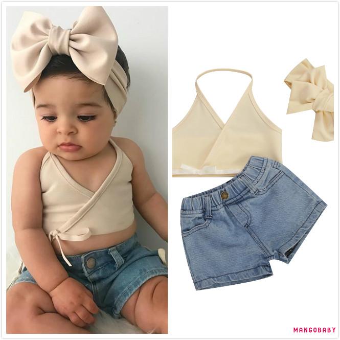 MG-3 Pcs Infant Solid Color Outfits, Toddler V-neck Halter Top Denim Shorts with Pockets Bow Headdress