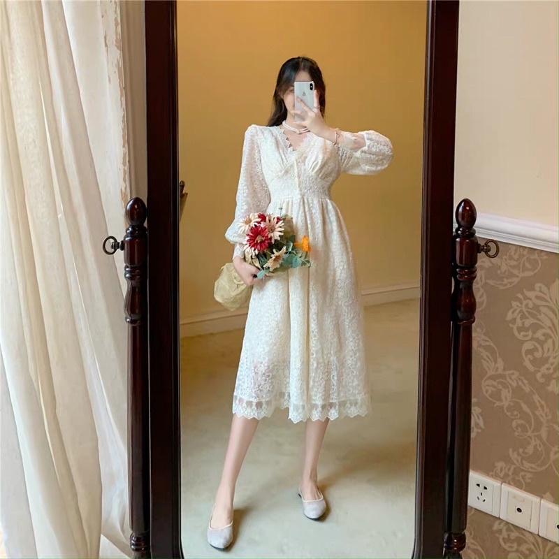 (ORDER.buiny)Đầm ulzzang công chúa ren xoè 2 lớp cổ V cao cấp dáng dài|váy ren thiết kế tiểu thư