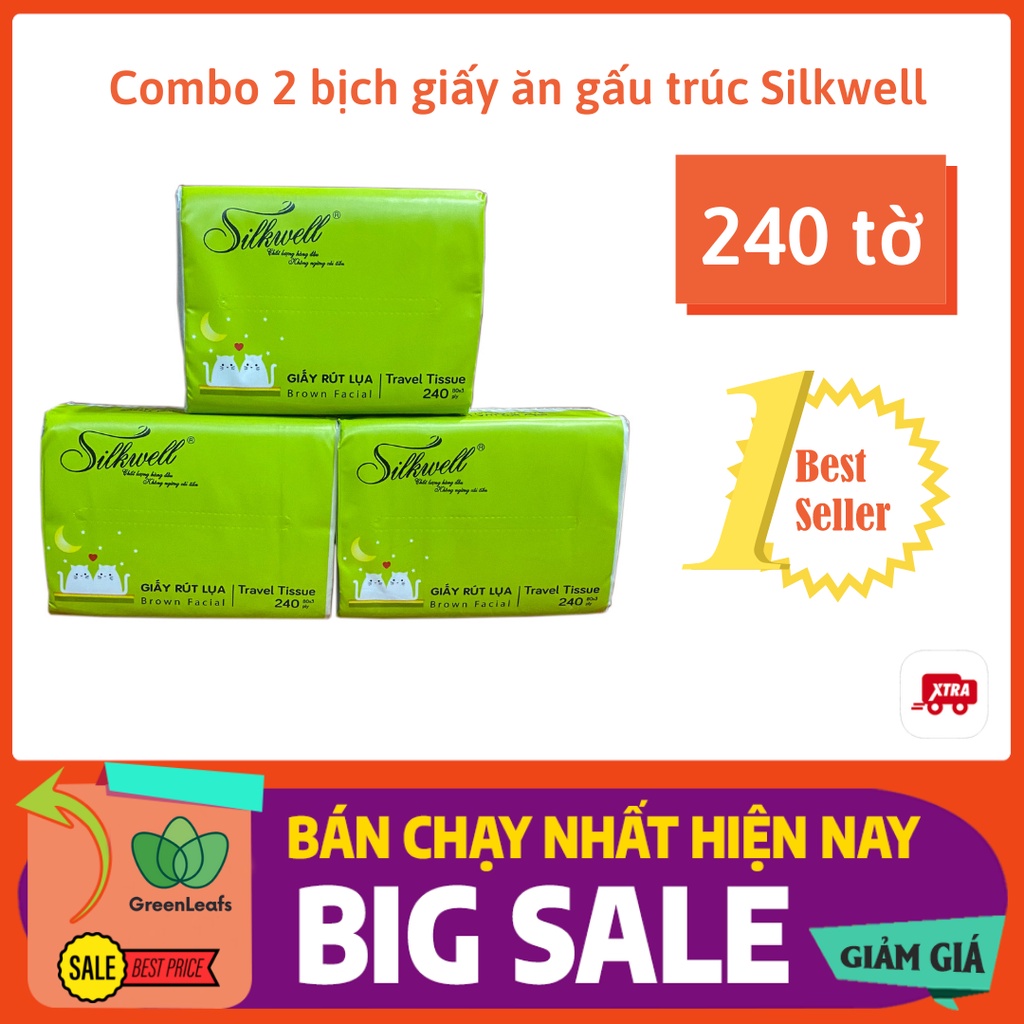 Combo  bịch giấy ăn gấu trúc Silkwell không tẩy trắng hàng chính hãng - 1 bịch 240 tờ