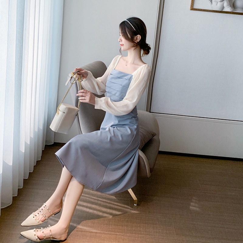 Đầm chiết eo Perty màu xanh lam phong cách Hàn Quốc thời trang mùa hè cho nữ