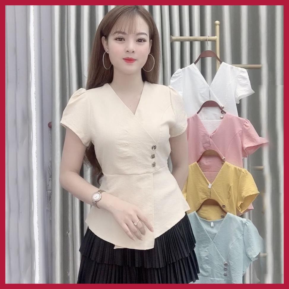 Áo sơ mi nữ kiểu tay ngắn cổ V công sở - 5 Màu: Trắng, Xanh, Hồng, Vàng, Be - A9 - Hanlly Fashion Thời Trang Nữ  ཾ ྆