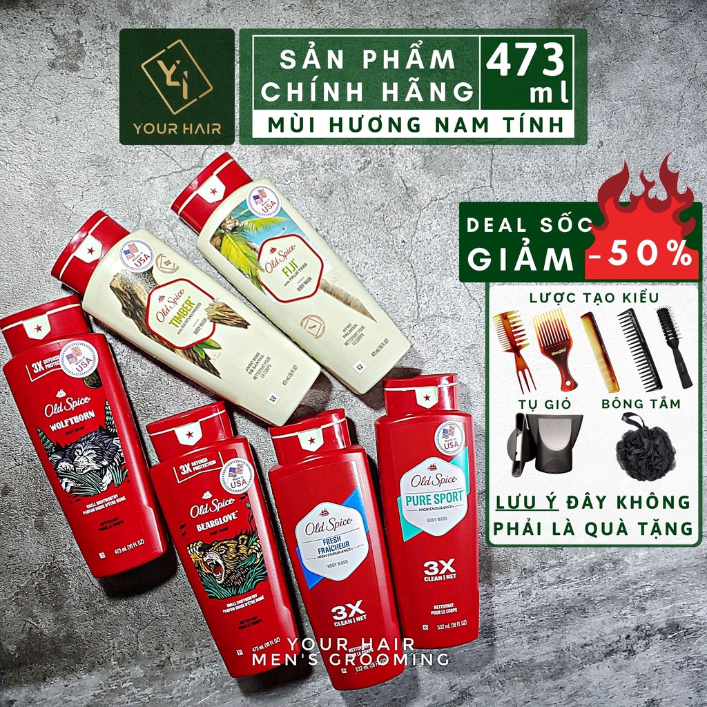 Sữa tắm Old Spice Body Wash Bearglove Wolfthorn Timber Fiji PureSport Fresh 2in1 - 473ml - 532ml | Chính hãng USA