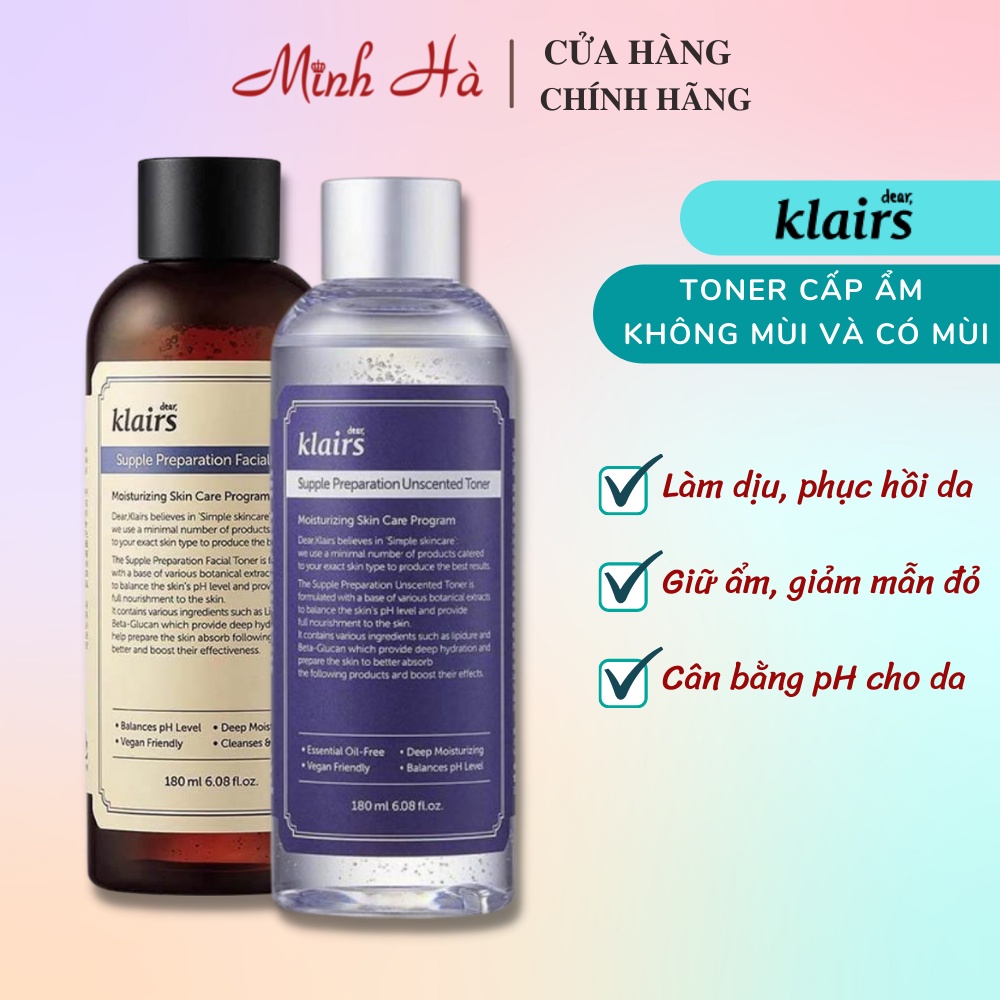 Nước hoa hồng Klairs không mùi Supple Preparation Unscented Toner dưỡng ẩm mềm da 180ml