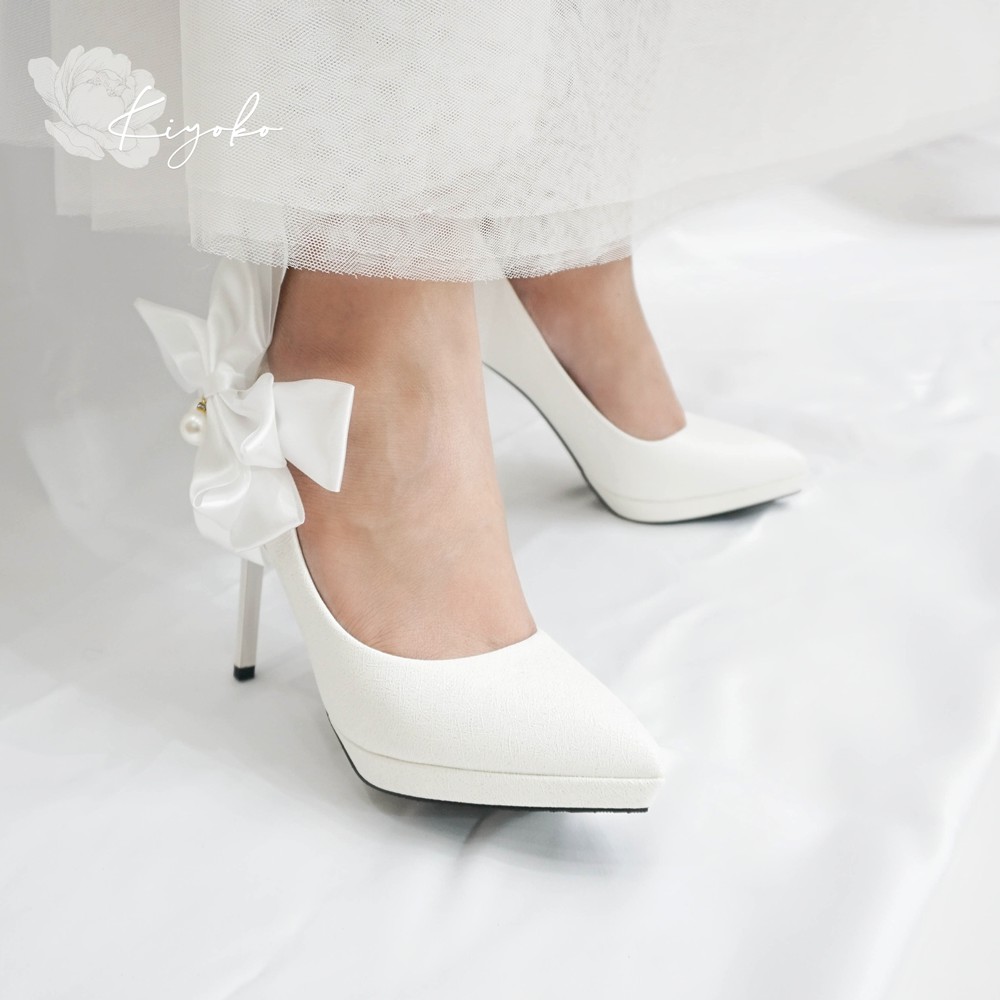 [Mã SKAMLTSM9 giảm 10% đơn 99K] Giày cưới cô dâu đế đúp đính nơ satin trắng dễ thương cao 11cm