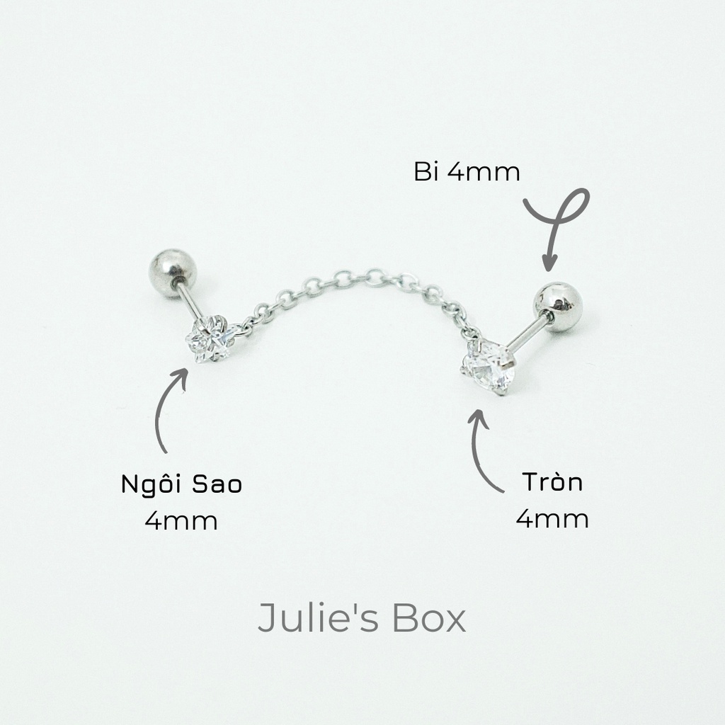 [1 Chiếc] Khuyên Tai 2 Lỗ Xỏ 1 Đá Ngôi Sao 1 Đá Tròn Dây Nối Titan Không Gỉ Sét Không Ngứa Không Đen Julies Box