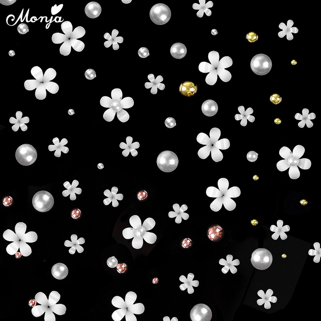 MONJA 1 Túi Hạt Cườm Hình Hoa Trắng 3D Bằng Thép Bạc / Ngọc Trai / Cánh Hoa Trang Trí Móng DIY
