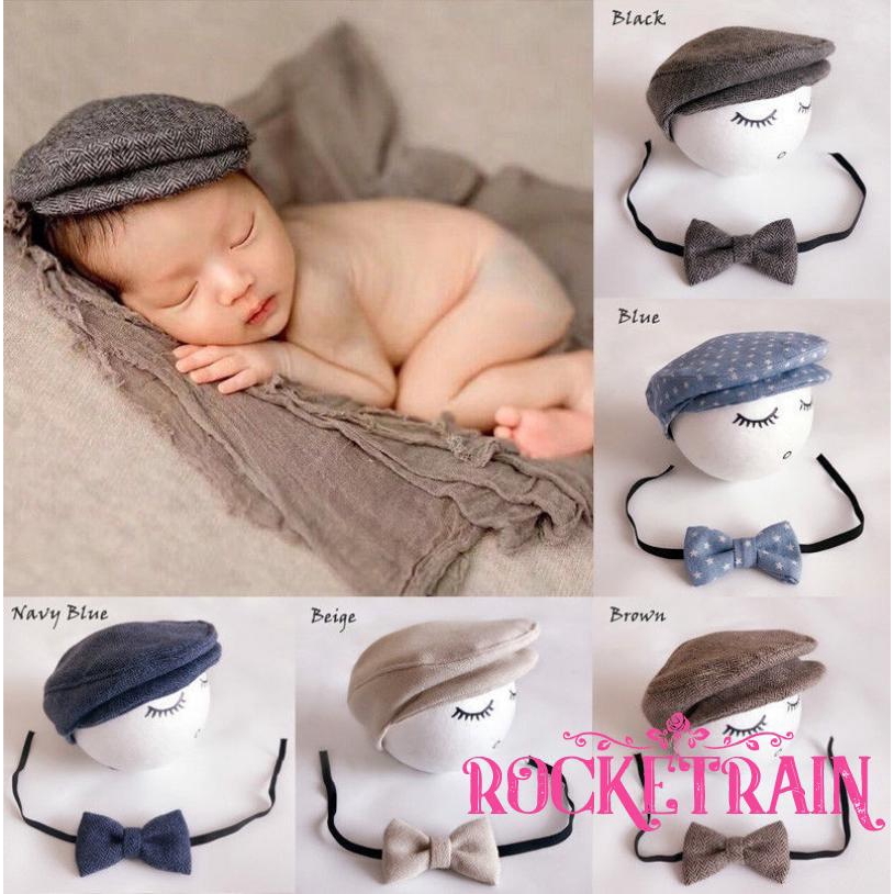 Mũ bê rê kèm nơ thắt cổ áo chụp hình cho bé
