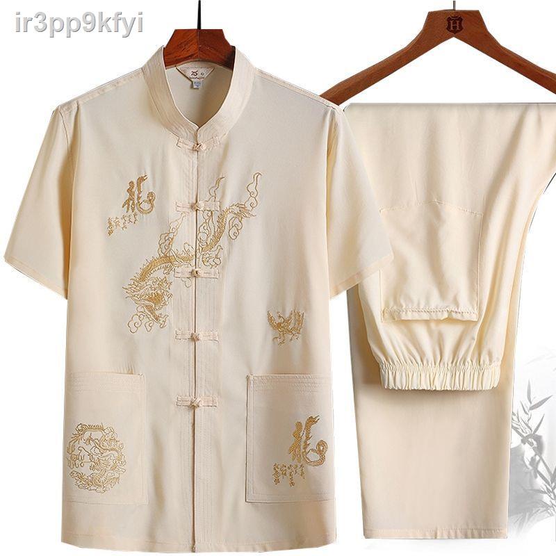 ✵☂♈Bộ đồ mùa hè cho người trung niên và cao tuổi Bộ đồ nam áo sơ mi ngắn tay thêu Dad plus size quần áo tập th