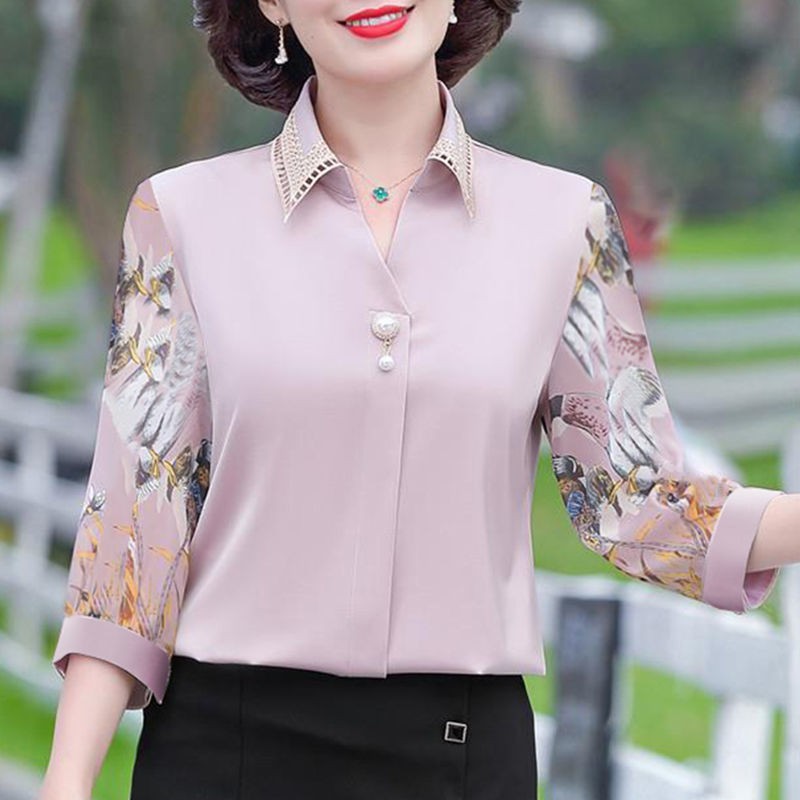 Váy mùa hè của mẹ, áo sơ mi nhỏ kiểu phương Tây, thun tay xuân cho phụ nữ mới trung niên và cao tuổi 2021, ba phầ