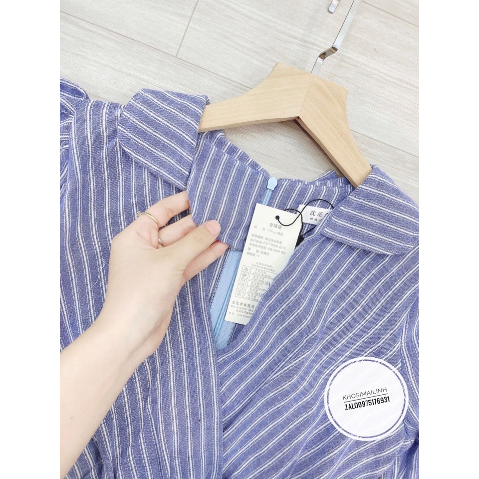 ✨BÁN SỈ✨Đầm kẻ xanh chéo đai eo dài 115cm
