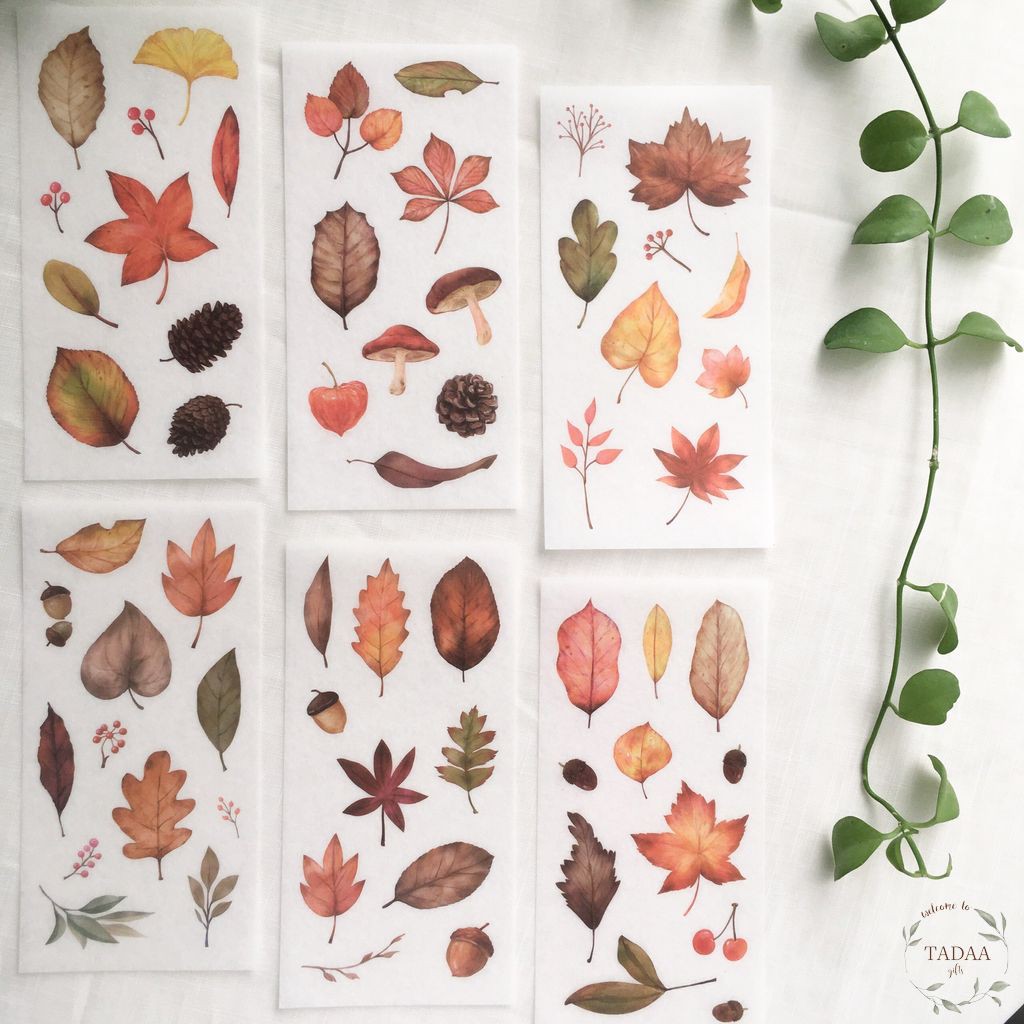 Set 6 sticker hoa lá vintage, món ăn, tiệc trà, chữ retro trang trí bullet journal