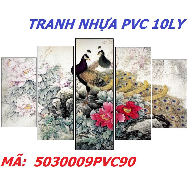 5030009PVC90 Bộ 5 Tấm Tranh ghép treo tường Phong Thủy Hoa Mẫu Đơn Chim Công Khổng Tước trang trí nhà cửa phòng khách