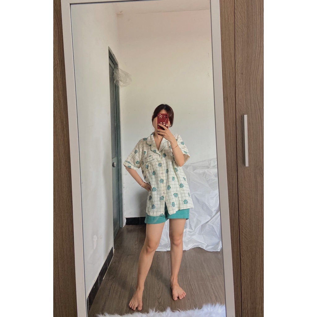 Pyjama chất xô muslin hoạ tiết khủng long xanh cực dễ thương