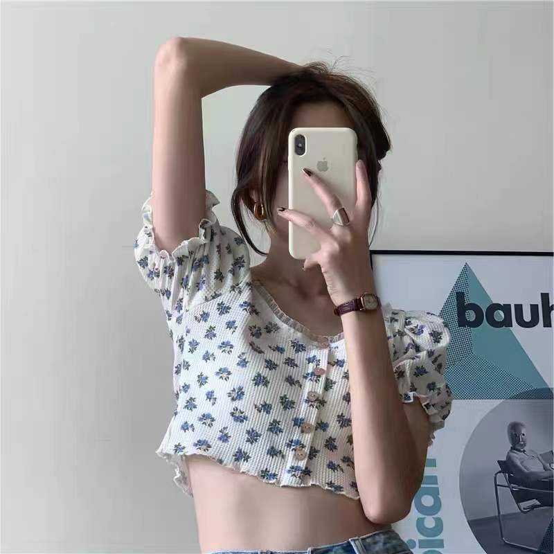 Áo kiểu nữ in hoa cổ điển tay ngắn phồng cổ chữ U viền ren thời trang mùa hè