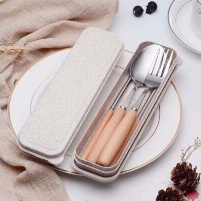 [FREESHIP❤️] SET 3 BỘ ĐŨA THÌA INOX CÁN GỖ ( Kèm hộp lúa mạch tiện dụng)