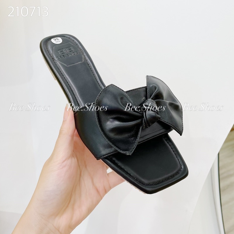 BEESHOES - DÉP NƠ NỮ DA MỀM MŨI VUÔNG - DÉP NỮ ĐẾ BỆT CÓ SẴN MÀU ĐEN - KEM - BE - NÂU - XANH - VÀNG - HỒNG 210713