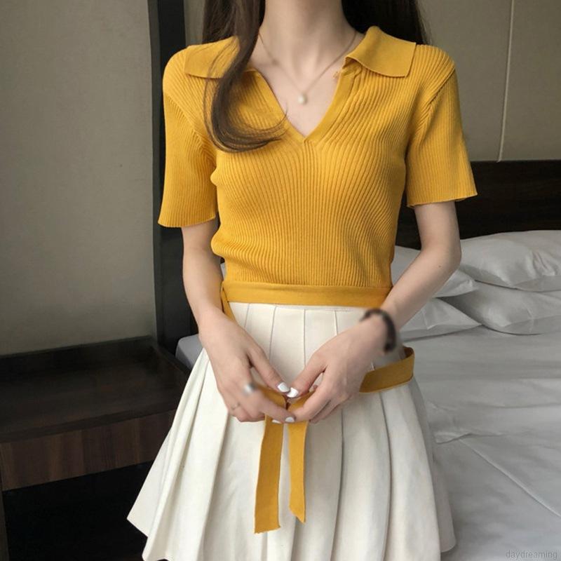 Áo Thun Dệt Kim Tay Ngắn Cổ Chữ V Thiết Kế Hở Lưng Gợi Cảm Thời Trang