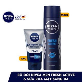 [Nivea] Bộ Đôi Nivea Men Fresh Active (Xịt Ngăn Mùi 150Ml 81600 & Sữa Rửa Mặt Sáng Da 100G 88836)