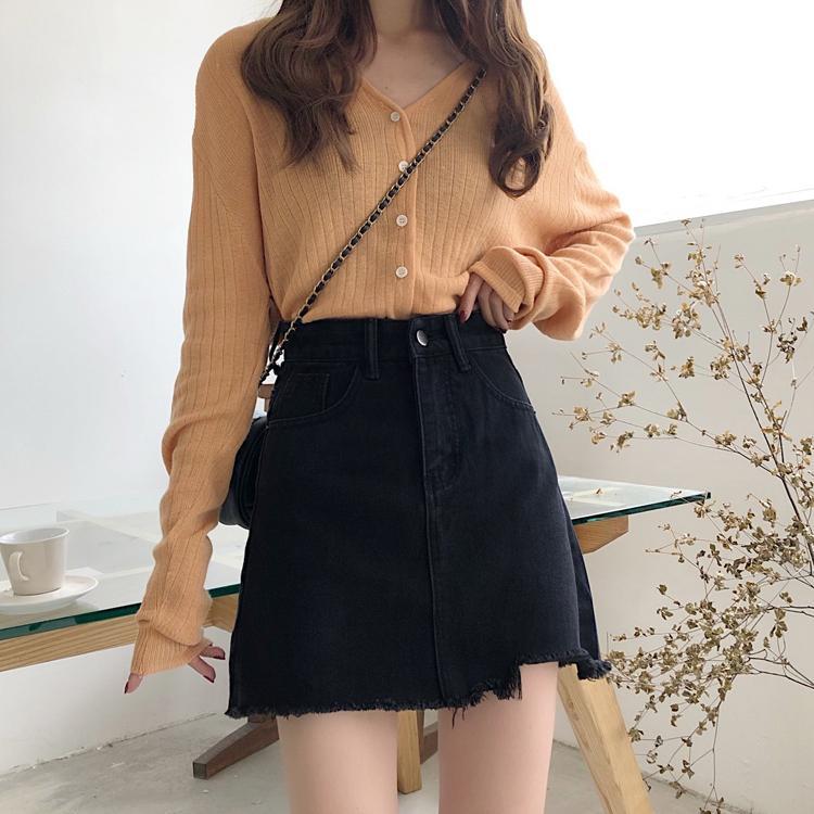 Chân váy denim lưng cao màu trơn hợp thời trang cho nữ