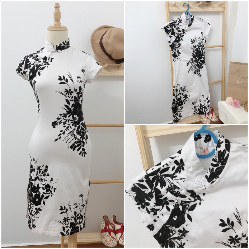 Sườn xám tone trắng be thanh lịch dưới 60 kg