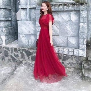 Đầm maxi tay loe đính hoa 3d - kèm ảnh thật