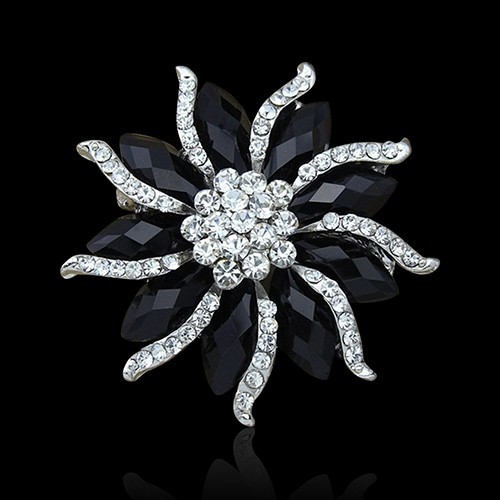 Ghim cài áo tạo hình bông hoa phối kim cương đen và đá nhân tạo cho nữ