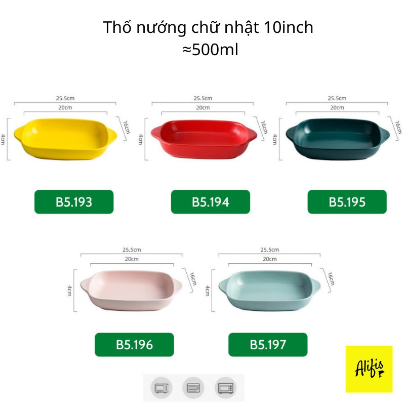 Khay nướng, thố nướng sứ hình chữ nhật và tròn 500ml nhiều màu sắc dùng được lò nướng, lò vi sóng, nồi chiên không dầu