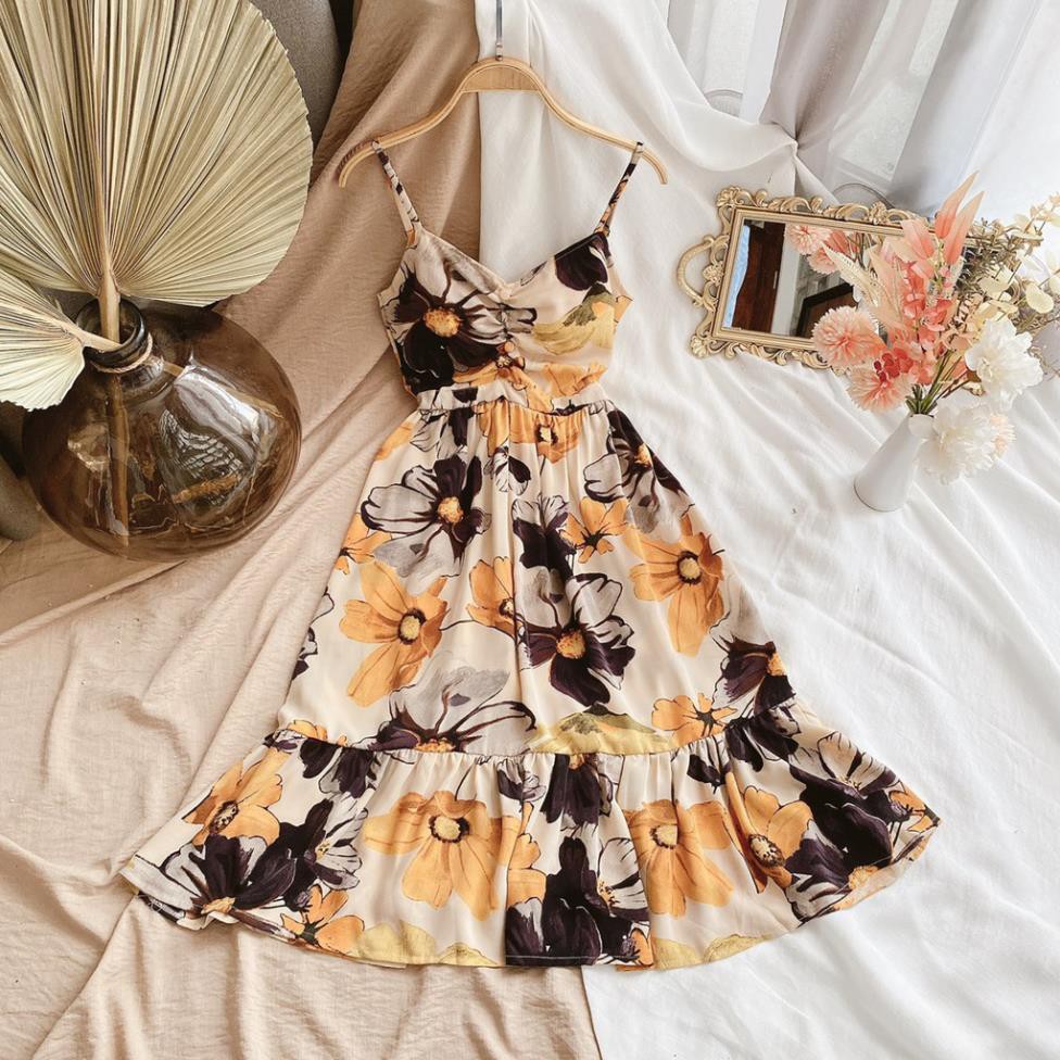 Váy Maxi Đi Biển, Đầm 2 Dây Đuôi Cá Rút Ngực Nơ Lưng Chất Lụa 2 Lớp Phong Cách Vintage Năng Động Hottrend 2021