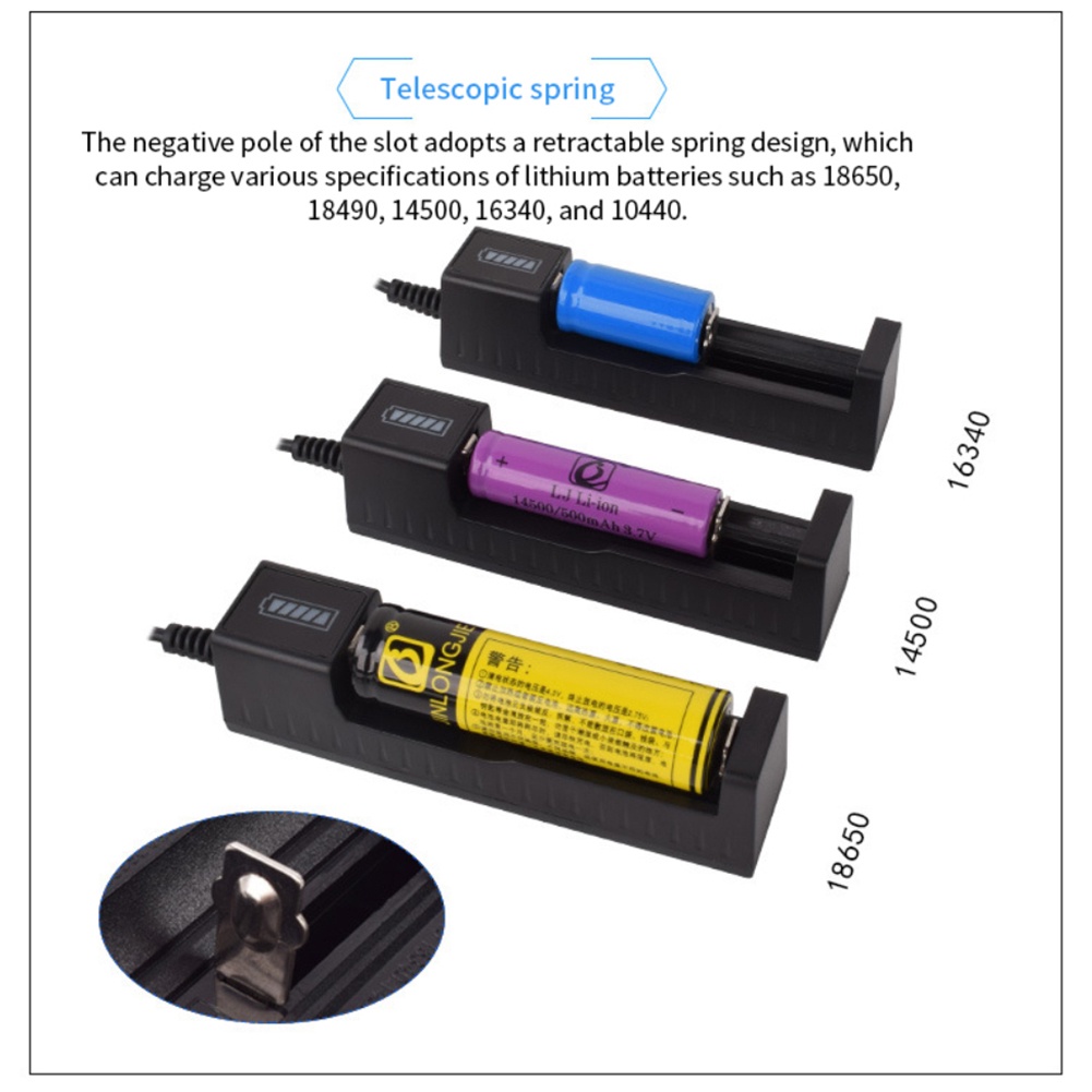 Bộ sạc đơn sẵn sàng cho pin 16340/14500/18650/26650 Bộ sạc pin thông minh LED màu đen 20g Đầu ra pin lithium 4.2V/500MA Bộ sạc pin lithium 1 khe