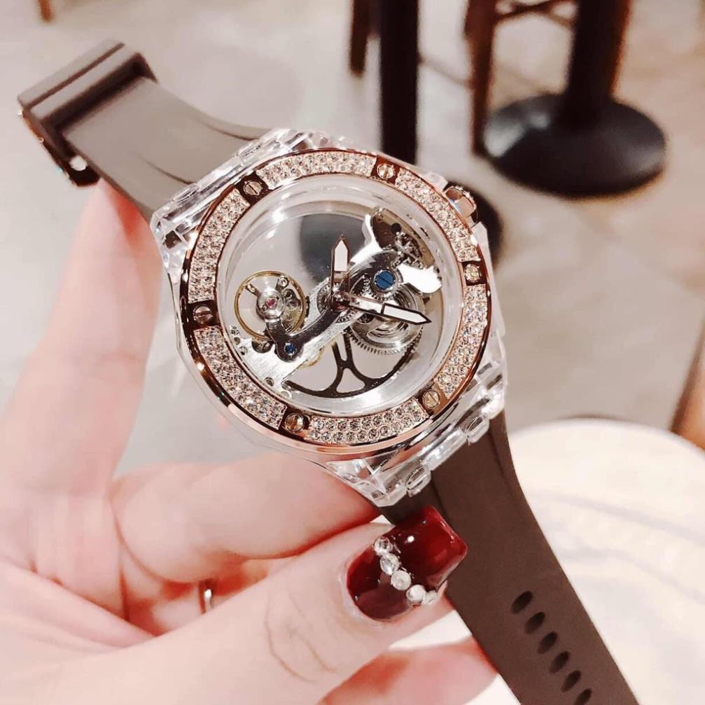 Đồng Hồ Davena Nam Nữ Automatic D31592 Mặt Lộ Máy Trong Suốt Dây Silicon Nâu 42mm Rose Gold Chính Hãng