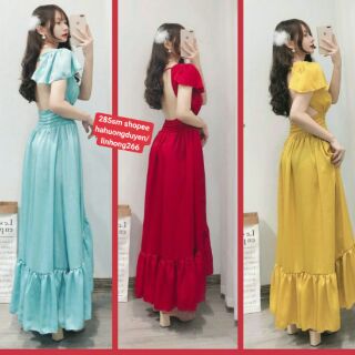 Sẵn váy maxi hở lưng có tay đuôi bèo quảng châu