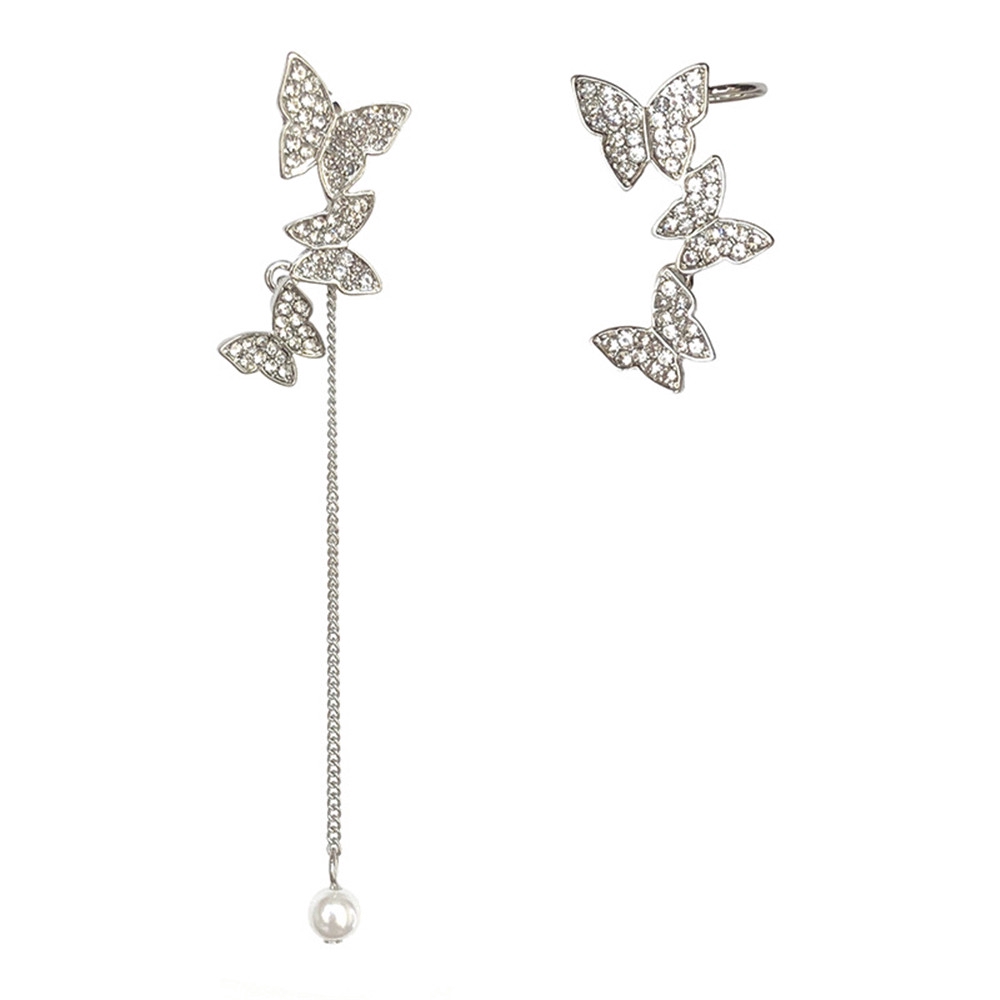 Cặp khuyên kẹp vành tai hình bướm màu bạc phối tua rua dài không đối xứng kiểu retro cho nữ