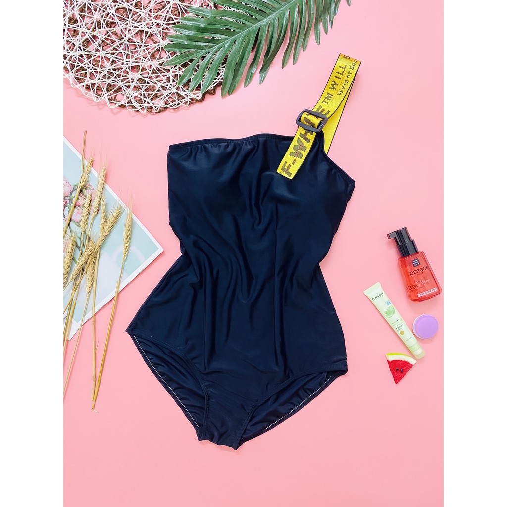 BIkini 1 mảnh liền lệch vai quai vàng kín đáo, bộ bơi tắm biển liền cho nữ phối dây BIkini191