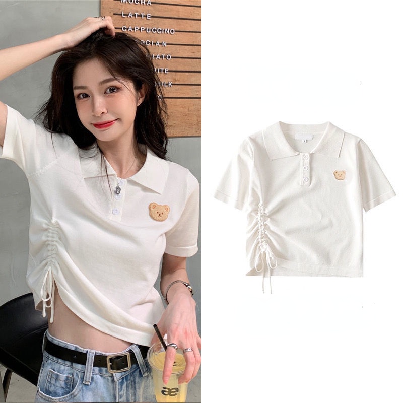 Áo polo Tay Ngắn Phối Dây Rút In Hình Gấu Trắng Thời Trang Mùa Hè Mới Dành Cho Bạn Nữ
