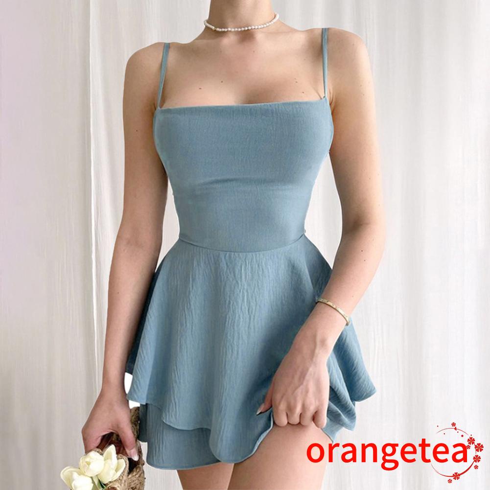 Bộ Áo Liền Quần Hai Dây Hở Lưng Màu Trơn Thời Trang Dành Cho Nữ