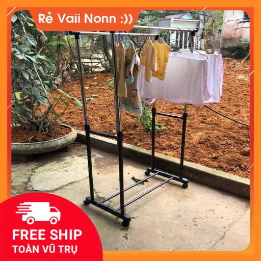 Cây phơi đồ inox 2 tầng thông minh có bánh xe di chuyển  - Siêu tiện lợi - tháo lắp đơn giản