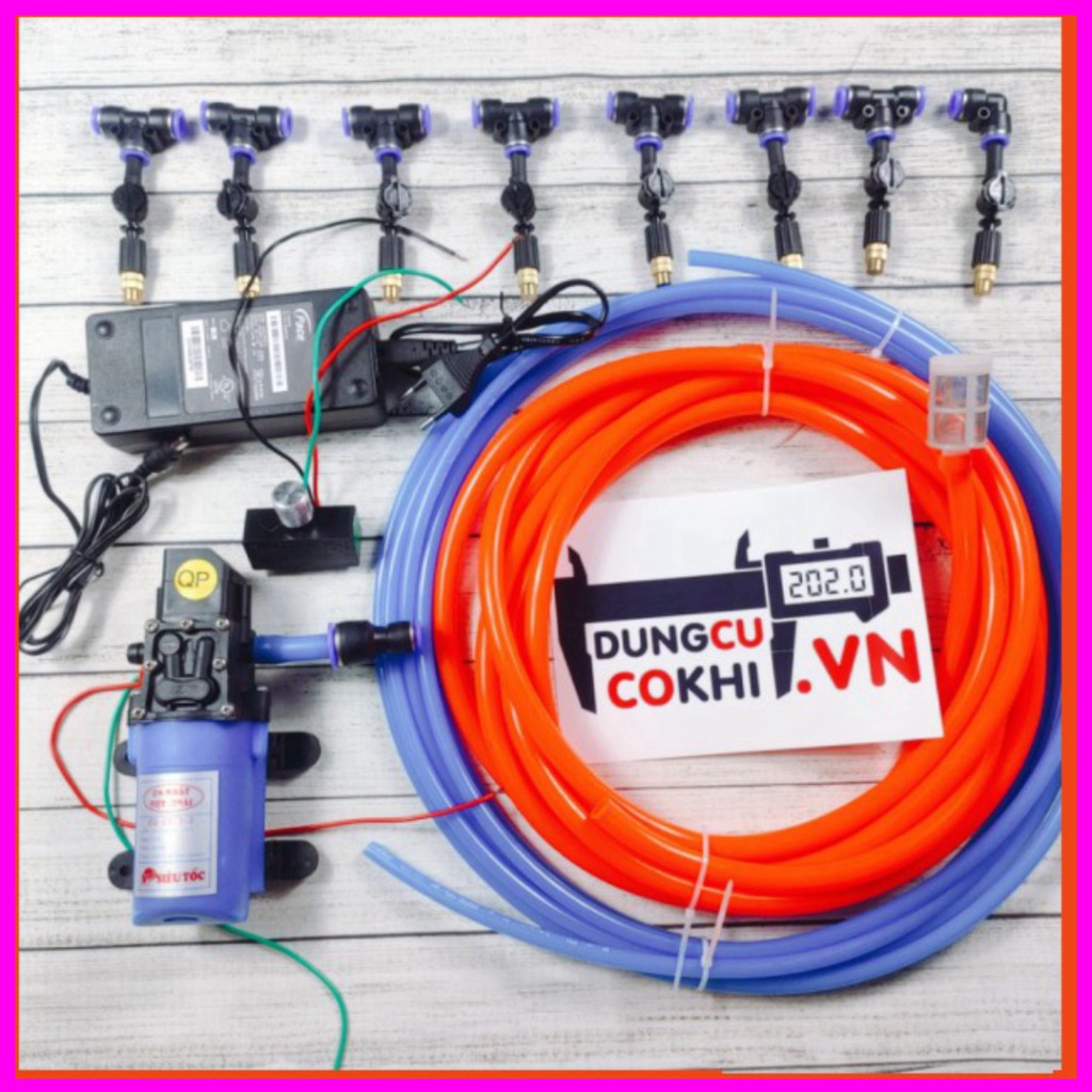 bộ máy bơm phun sương 12v, 8 béc 1 tia đồng, có chống nhỏ giọt/ 10m dây, đầy đủ phụ kiện, làm mát, tưới lan