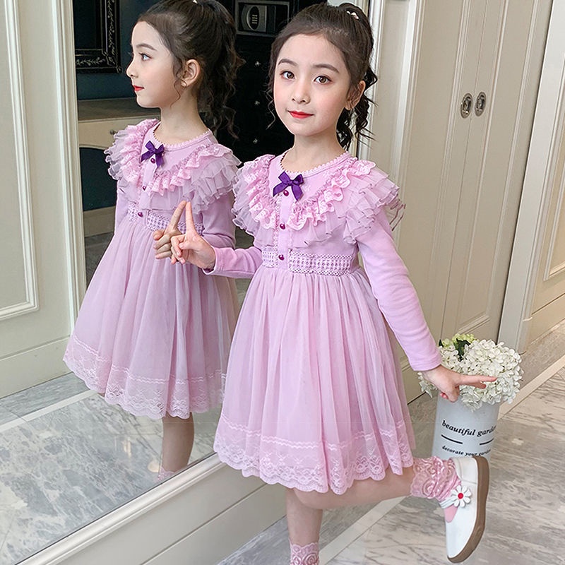 Đầm Phối Lưới Thời Trang Thu Đông Cho Bé Gái 3-14 Tuổi